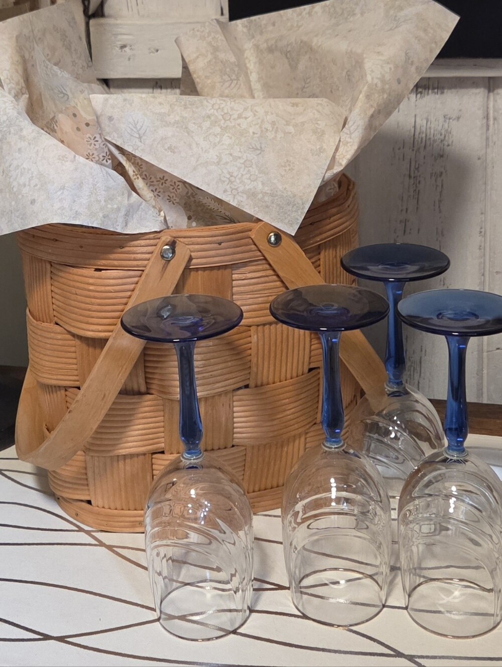 1980s Blue Libbey Crystal Postmodern Wine Glasses (4)